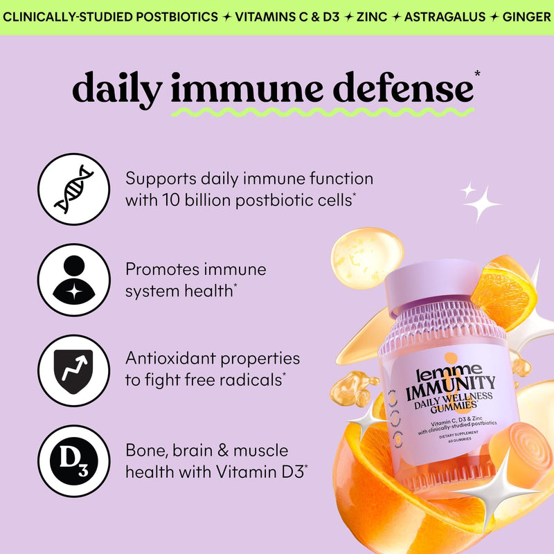 Lemme Immunity Postbiotic Gummies with Vitamin C, 30-Day Supply | Vitamin C, Vitamin D (2000 IU), Zinc, 10 Billion Postbiotic Cells, Astragalus for Immune Support - Vegetarian, Gluten Free