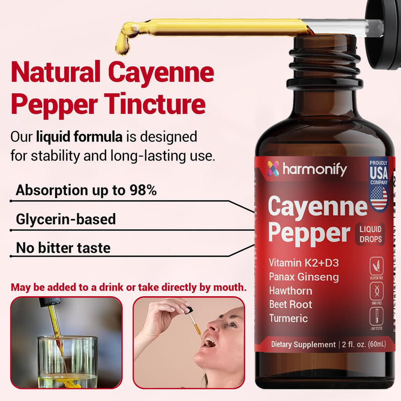 Cayenne Pepper Liquid Drops with Vitamin D3 & K2, Hawthorn, Beet Root, Turmeric, Panax Ginseng, Berberine & Ceylon Cinnamon - Quality Supplement for Daily Wellness - 2 fl oz (60mL)