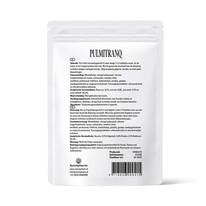 Sensipharm Pulmitranq - dietary supplement for lungs and respiratory tract - 90 tablets of 250 mg. for cats, dogs, guinea pigs, rabbits - BeesActive Australia