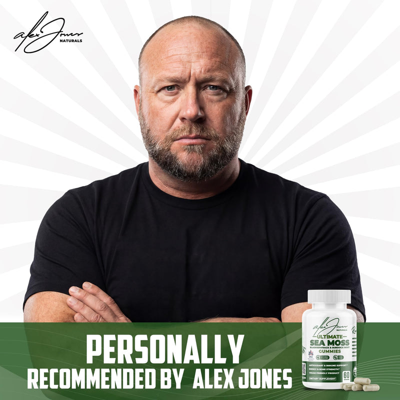 Alex Jones Organic Irish Sea Moss Capsules, Bladderwrack & Burdock - 60 Ct | Organic Irish sea moss with bladderwrack, burdock root & black pepper for immune, energy & digestive wellness Seamoss Capsules