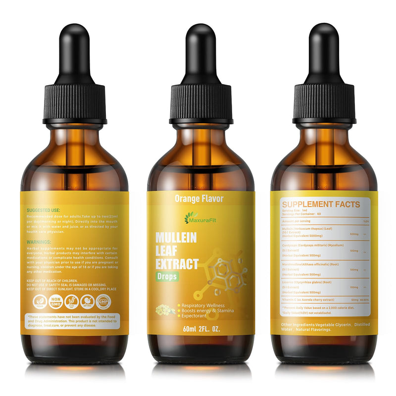 Mullein Drops for Lungs Liquid - Support Respiratory Herbal Supplement,Mullein Leaf Extract for Lungs Cleanse with Cordyceps, Marshmallow Root & Licorice Root Extract 2 fl oz 1 Pack