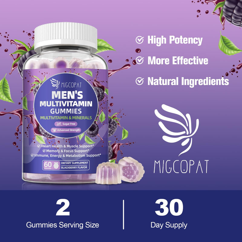 Multivitamin for Men, Mens Multivitamins Gummies w/Omega-3, Probiotics, Inositol, Folate, Biotin, Zinc, Vitamins A, C, D, E, B, - Support Heart, Brain, Muscle, Energy, Sugar-Free, Blackberry Flavor 60 Count (Pack of 1)