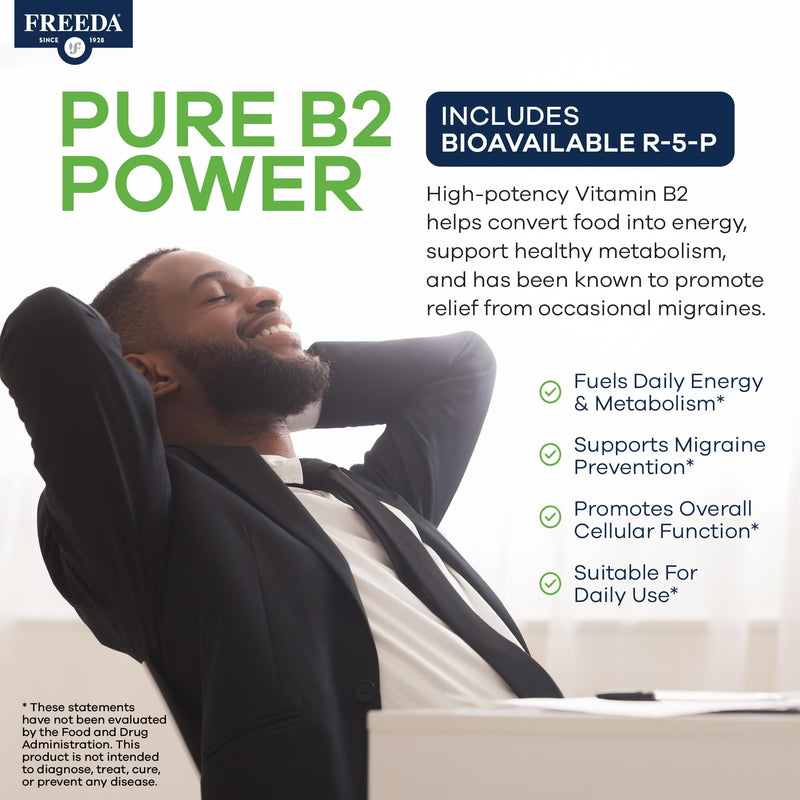 FREEDA Vitamin B2 400mg Riboflavin Supplement - 60 Vegan Tablets | High-Potency B2 Vitamin with Riboflavin-5-Phosphate to Support Energy, Metabolism, & Nervous System Health