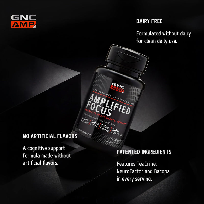 GNC AMP Amplified Focus, Fuels Mental Clarity, 60 Tablets | Features Teacrine, Bacopa, Caffeine, and NeuroFactor to Support Cognitive Focus, Concentration, and Memory
