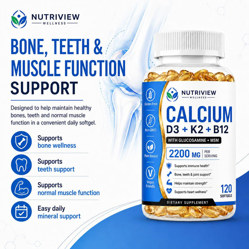 Nutriview Calcio D3 K2 B12 Softgels, 2200mg Calcium Supplement with Vitamin K2, D3, B12, Glucosamine &Chondroitin, Bone, Teeth & Muscle Function Support, Non-GMO, 120 Softgels