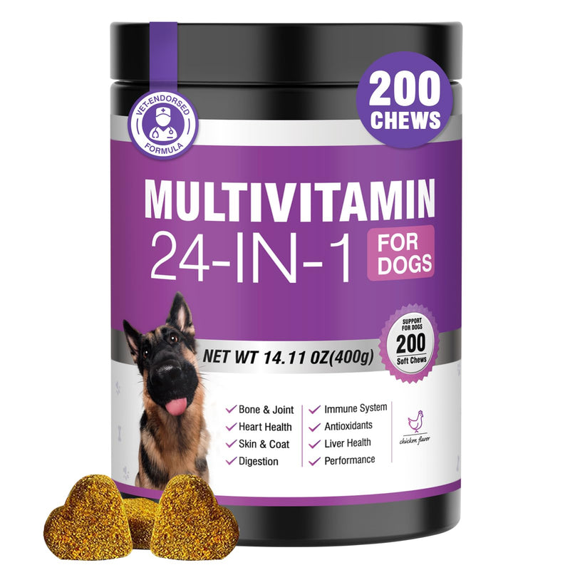 24-in-1 Dog Vitamins and Supplements 200 Ct Dogs Multivitamin Chewable Contain Chondroitin Probiotics Omega-3 Glucosamine for Dogs Skin Coat Heart Joint Gut Liver Brain Eyes Immune Support - Chicken 200 Count