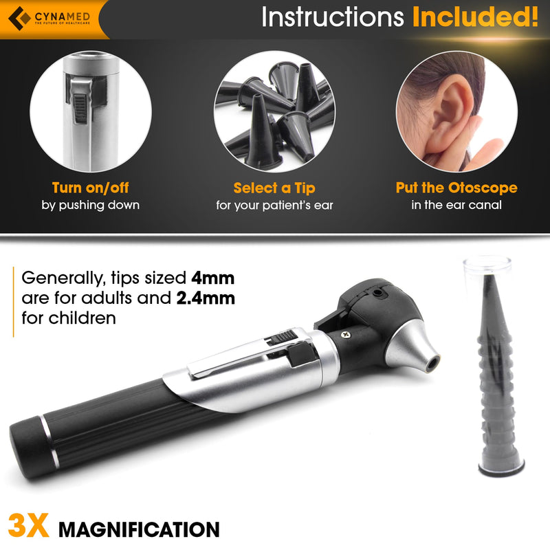 Cynamed Mini Otoscope - Portable Ear Light and Exam Kit for Home and Professional Use - 4X Magnifying Fiber Optic Scope with Spare Tips, Bulb, and Carrying Case - Pocket Diagnostic Equipment (Black) Black - BeesActive Australia
