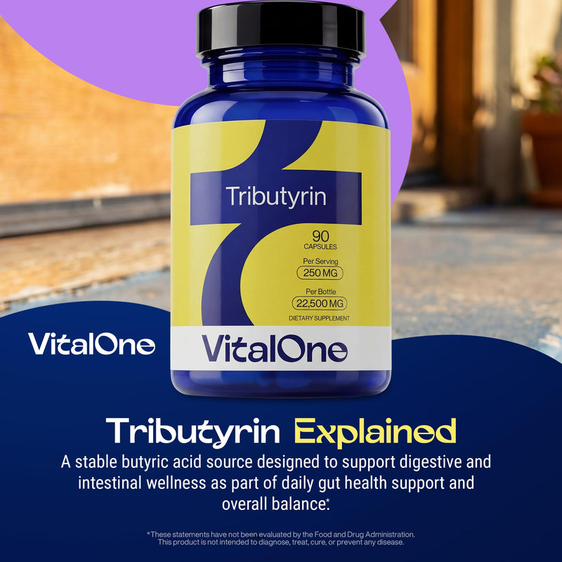 VitalOne Tributyrin 250 mg Supplement | Single Ingredient Butyrate Prodrug | Gut & Digestive Support | Clean Label | 1 Capsule Daily | 90 Capsules