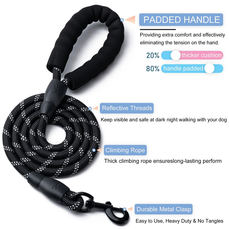 2 Pack Dog Leash, 4/5//6 FT Heavy Duty Nylon Rope Pet Leashes with Comfortable Padded Handle, Reflective Dog Leashes for Small Medium and Large Dogs (5FT-1/2,Black/Black) 1/2"x 5 FT (18~120 lbs.) 2PCS-Black+Black - BeesActive Australia