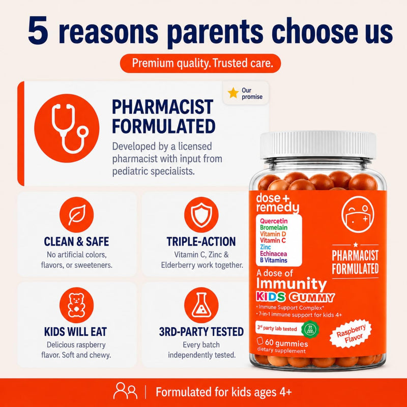 A Dose of Immunity Kids Immune Support Gummies, Quercetin & Zinc 120 Count | 7-in-1 Immune Support for Kids 4+: Quercetin, Bromelain, Vitamin C, D3, Zinc, Echinacea & B Vitamins Vegan Raspberry Gummy 2 Pack Kids (120 Count)
