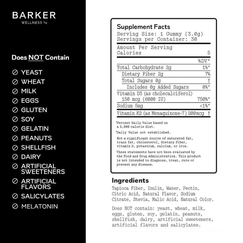 Barker Wellness D3 K2 Vitamin Gummies – Max Potency 6000IU D3 + 200mcg K2 for Strong Bones, Cardiovascular Wellness, Immune Support | Vegan, Sugar-Free, Delicious Mixed Berry | 30 Servings