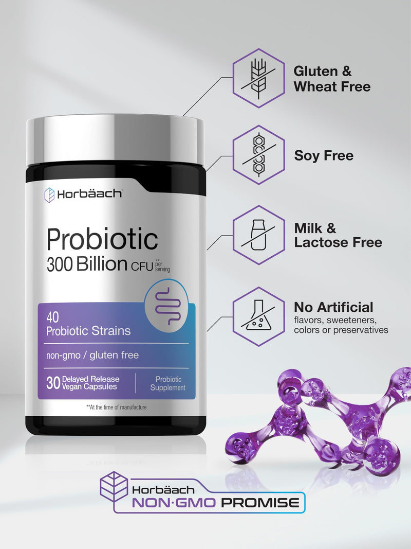 Horbäach Probiotics for Women and Men | 300 Billion CFU | 30 Capsules | 40 Probiotic Strains with Prebiotic |Vegan, Non-GMO & Gluten Free Supplement
