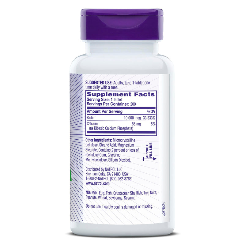Natrol Biotin 10000mcg, for Healthy Hair, Skin & Nails, 200 Tablets | Support Healthy Hair, Skin and Nails for Those Low in Biotin, Support Healthy Carbohydrate, Fat & Protein Metabolism Unflavored 200 Count (Pack of 1)