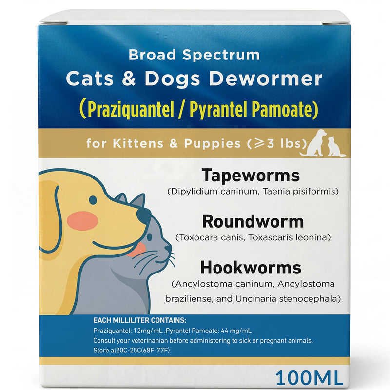 Dewormer for Cats & Dogs Broad Spectrum Praziquantel & Pyrantel Pamoate Liquid Tapeworm, Roundworm & Hookworm Treatment Easy to Dose for Kittens & Puppies 100mL (3.38 fl oz)