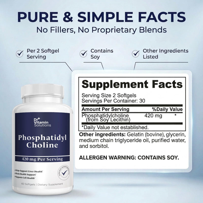 Phosphatidylcholine Choline Supplement 420mg - Liver, Brain & Cell Health | From Soy Lecithin, Phospholipid Complex, 60 Softgels - 30 Day Supply, Non-GMO, Easy to Swallow, Natural Choline Source