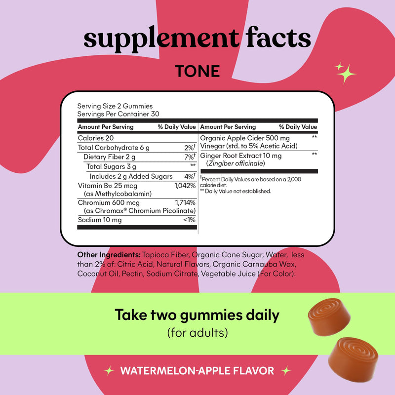Lemme Tone Metabolism Gummies, Apple Cider Vinegar, Clinically Studied Chromium, B12, Ginger, Promote Lean Body Mass, Watermelon Apple Flavor (30 Day Supply) 60 Count (Pack of 1)