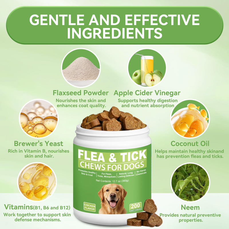 Dog Flea and Tick Chewables for Dogs 200Ct, Natural Support Supplement, Flea Supplement for Dogs, Flea and Tick Chews for Dogs Puppies, All Breeds & Sizes, Digestive Health Chicken Flavor