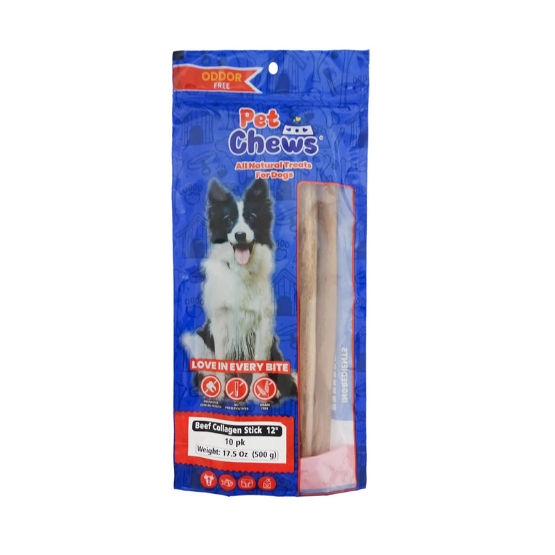 12" Beef Collagen Sticks 10pk - Odor-Free Long Lasting Dog Chews - 100% Natural Rawhide-Free & Dye-Free - No Stain Carpets - Joint Support for Medium & Large Dogs - Healthy Treats.