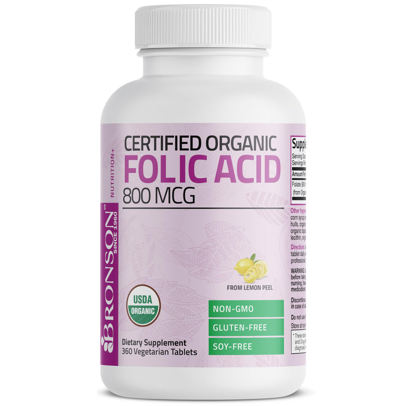 Bronson Folic Acid 800 mcg, USDA Certified Organic, 360 Tablets | From Whole Lemon Peel Extract, Prenatal Development Support, Vegetarian, Non-GMO, Gluten-Free & Soy-Free Unflavored 360 Count (Pack of 1)