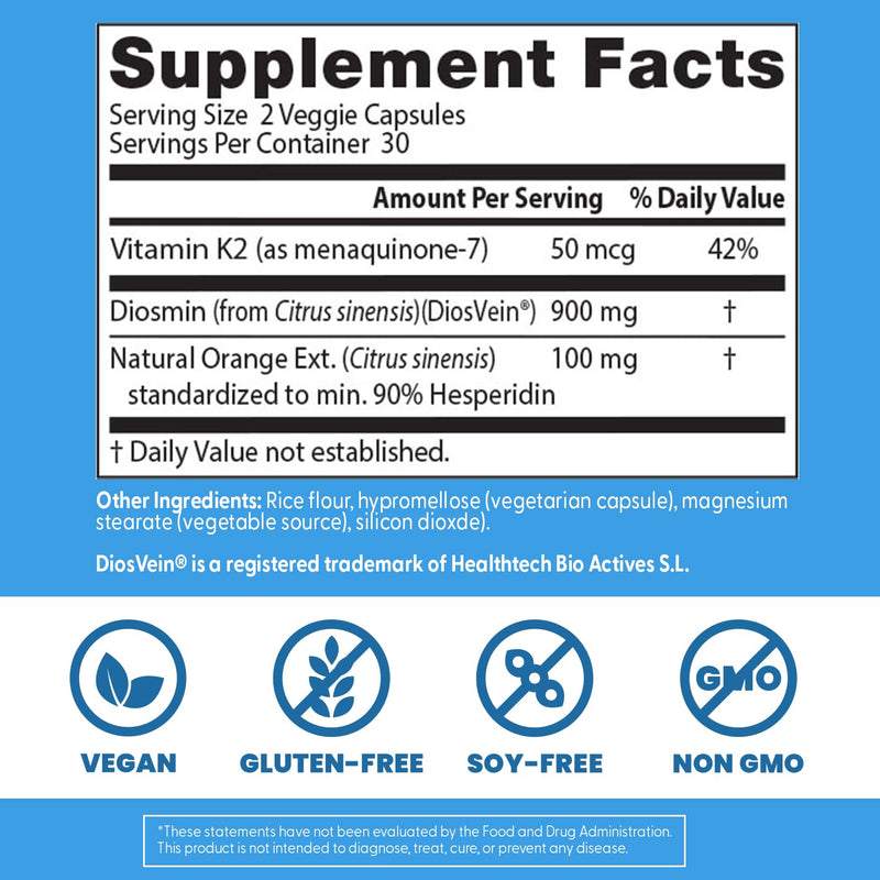 Doctor's Best Vein Support Supplement - Contains Diosmin & Hesperidin, Circulation Support for Legs & Feet, for Men & Women, Formula with Vitamin K2 & Natural Orange Extract, Vegan - 60 Veg Caps 60 Count (Pack of 1)