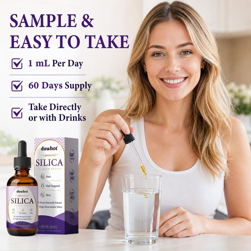 Liposomal Liquid Silica Supplement Drops for Women & Men, 2 Fl Oz | with Biotin, Lysine, L-Proline, MSM, Boron, Vitamin C, Zinc