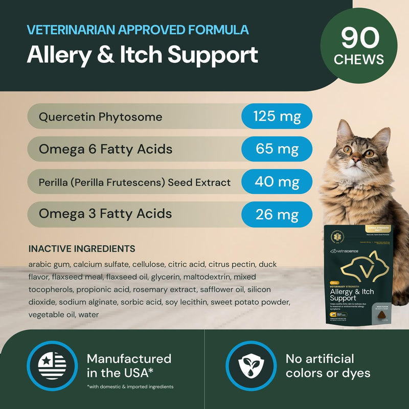 VetriScience Veterinary Strength Allergy & Itch Support Chews - Seasonal Allergy Support Supplement for Pets - Pet Skin Sensitivity Support - Cats & Dogs - Duck Flavor - 60 Chews