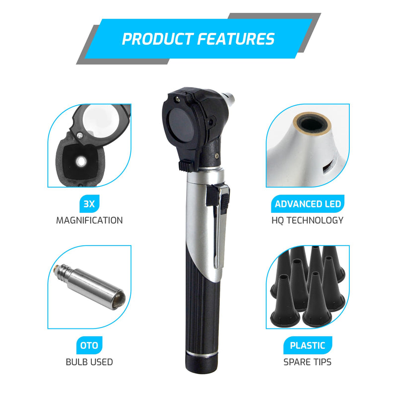 Mini Otoscope – Ear Scope with Light for Kids & Adults – Ear Infection Detector Comes with 10 Specula, 1 Extra Light & Case (Black) Black - BeesActive Australia
