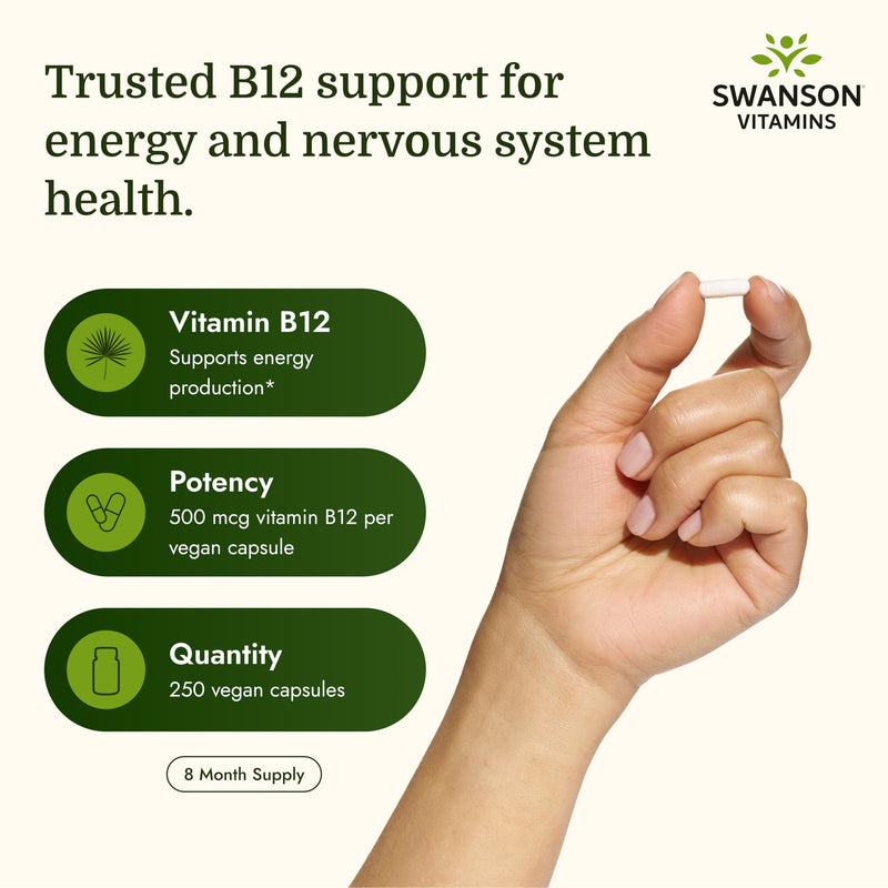 Swanson Vitamin B12 Cyanocobalamin 500 mcg, 250 Vegan Capsules | Aids Nervous System and Cardiovascular Health, Supports Red Blood Cell Production*, Non-GMO and Gluten Free 250 Count (Pack of 1)