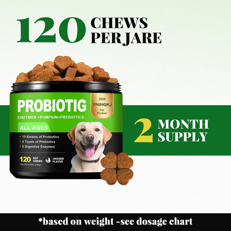 Probiotics for Dogs - Dog Probiotics & Enzymes – 12 Billion CFU 10 Strains, Psyllium Husk, Apple Cider Vinegar – Gut Health, Bloating Relief, Regularity Support – 120 Chews