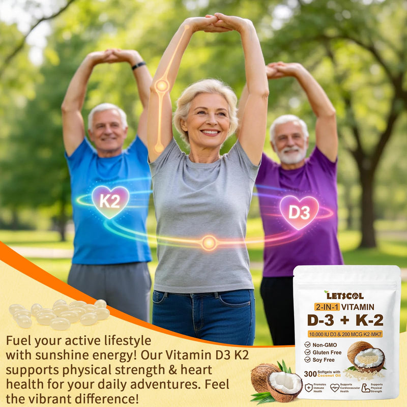 2-in-1 Vitamin D3 K2 Supplement Softgel, Vitamin D3 10000 IU and Vitamin K2 200 mcg, K2 MK7 with D3 Vitamin Supplement Support Immune, Heart, Teeth Health 300 Count (Pack of 1) 10,000 IU D3 & 200MCG K2 300 Softgels