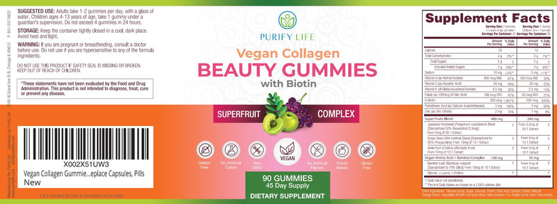 Vegan Collagen Booster Gummies with Biotin, Support Hair, Skin, Nail Health | Collagen support superfruit complex with vitamin A, E, C & biotin - tasty alternative to capsules & pills, vegan, made in USA Beauty Gummies