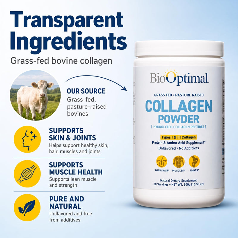 BioOptimal Grass-Fed Hydrolyzed Collagen Powder, Unflavored, Skin & Joints | Hydrolyzed Type I & III; 10g per scoop; 30 servings; non-GMO; gluten-free; no sugar or preservatives; GMP certified