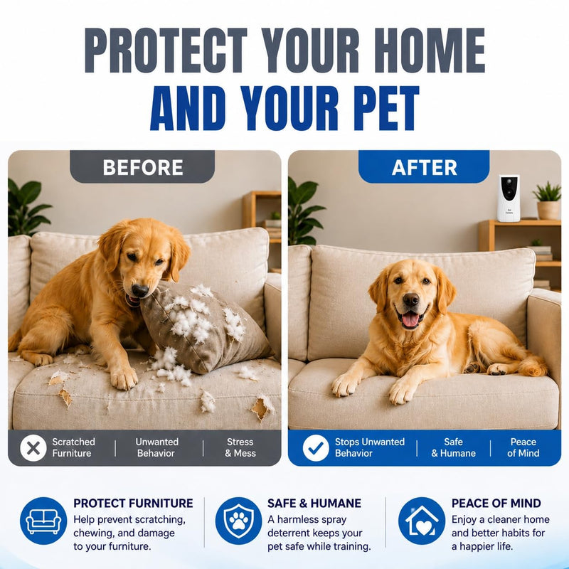 Automatic Cat Deterrent Spray - Contactless Behavior Correction - Motion Activated Sensor Air Burst - Odorless - Non-Staining - Versatile Placement Dog & Cat Repellent Spray Indoor Starter Kit (Device + 1 Can)