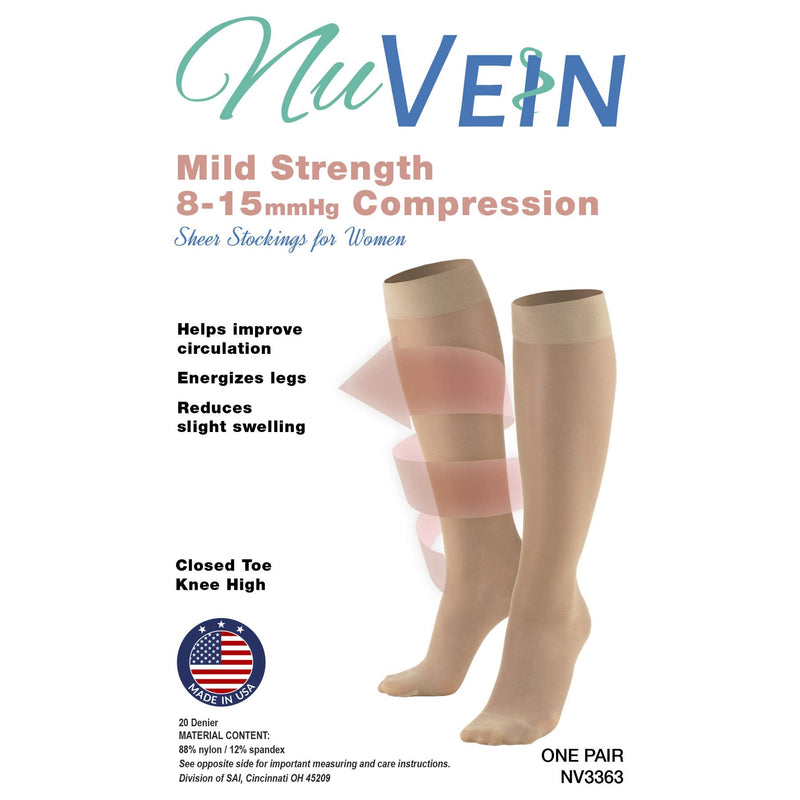 NuVein Sheer Compression Stockings for Women, 8-15 mmHg Support, Light Denier, Knee High, Closed Toe, Black, Large Large (1 Pair)