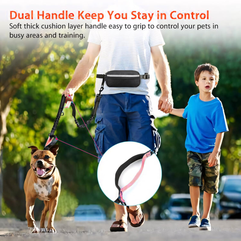 Uppetly Hands Free Dog Running Leash with Waist Belt, Dual Handle Elastic Bungees Retractable Rope for Medium and Large Dogs, Reflective Stitches for Walking Hiking Biking (Large Pink, 25-120lb 1 dog/Baby Pink - BeesActive Australia