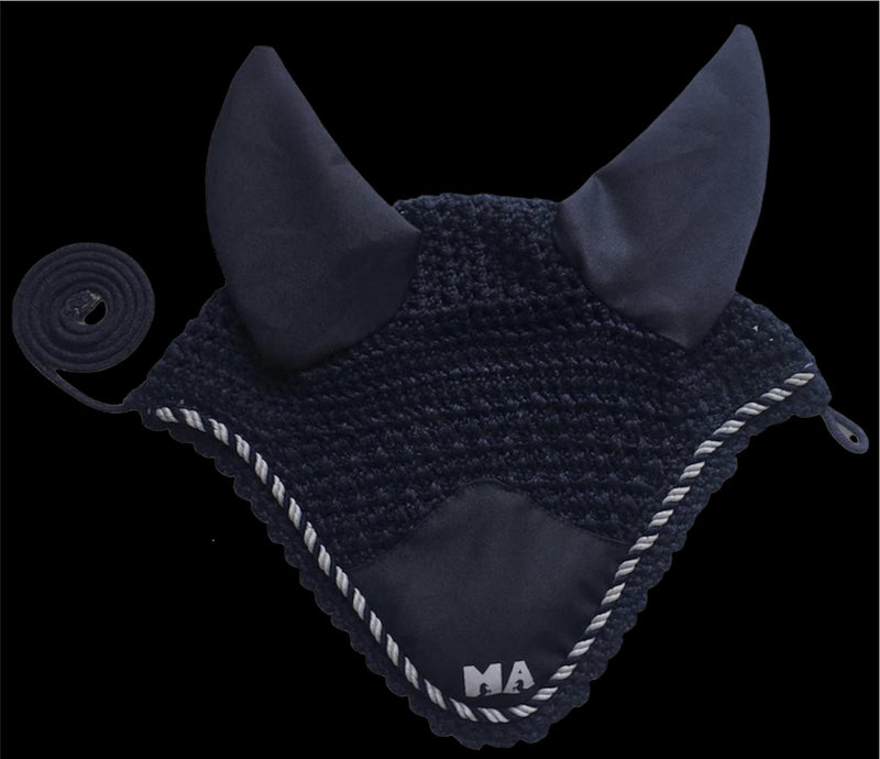 Majestic Ally Handcrafted Crochet Fly Veil Set - includes 2 Pieces with Ear Nets and Braided Rope for Horses (Navy) Navy - BeesActive Australia