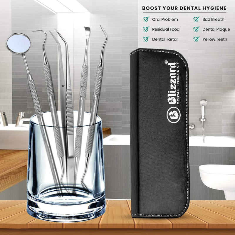 Dental Tools by Blizzard - Plaque Remover for Teeth - Professional Dental Hygiene Cleaning Kit 5-Pcs, German Stainless Steel Oral Care Set with Tweezer, Tartar Scalar, Mouth Mirror, Travel Case 5 Piece Kit