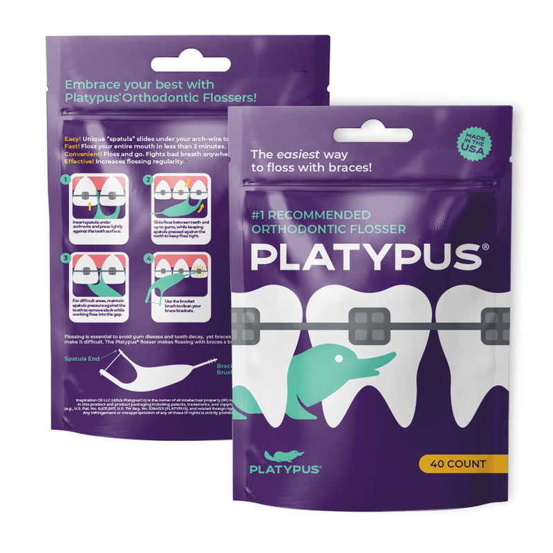 Platypus Orthodontic Flossers for Braces, 40 Count (Pack of 3), Ortho Picks for Adults & Kids, Fits Under Arch Wire, Non-Damaging, Encourage Flossing Habits 40 Count (Pack of 3) - BeesActive Australia