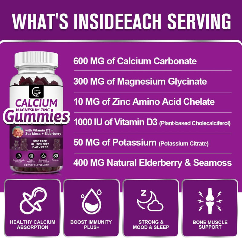Calcium Magnesium Zinc Gummies with High Absorption Magnesium Glycinate 300mg, Potassium - Plant Complex Calcium Magnesium 2:1 Ratio, with D3 Sea Moss for Bone, Immune & Sleep Support, Vegan-1 Pack 60 Count (Pack of 1)