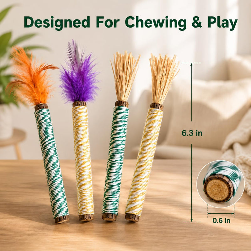 Cat Silvervine Toys - Natural Matatabi Cat Chews with Feathers & Raffia, Organic Catnip Sticks for Dental Care, Stress Relief (4 Packs)