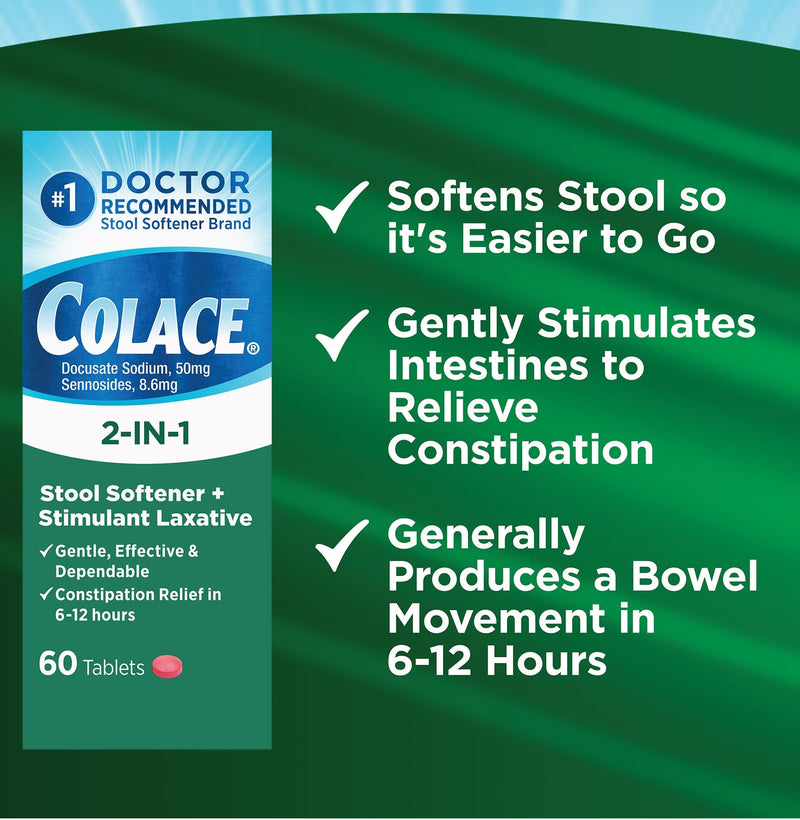 Colace 2-In-1 Stool Softener Plus Stimulant Laxative for Gentle Effective Constipation Relief, Docusate Sodium Plus Sennosides, 60 Count 60 Count (Pack of 1) - BeesActive Australia