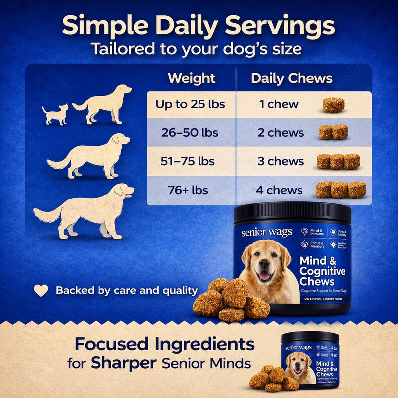 Mind & Cognitive Chews for Senior Dog | Brain Function, Memory & Alertness Support | Dog Supplements with Lion's Mane, DHA & Phosphatidylserine | 120 Chicken Flavour Chews