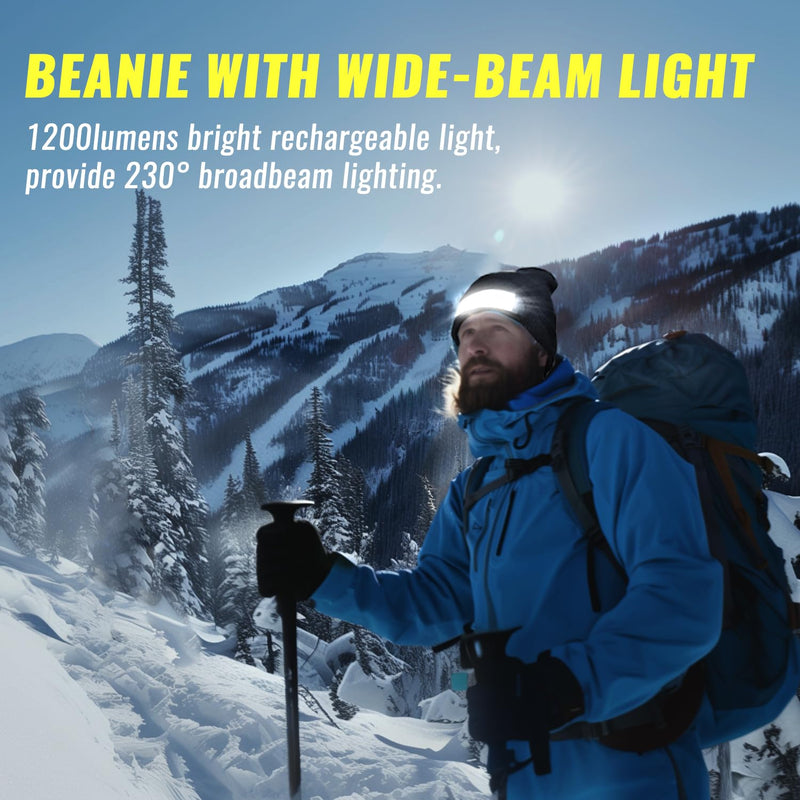Rechargeable Headlamp Beanie, 1200Lumens LED Beanie Hat with Wide Beam Light Built-in, 6 Modes, Lightweight, Winter Headlight Head Lamp Beanie, Gifts for Men Dad Father Husband(Black) Black