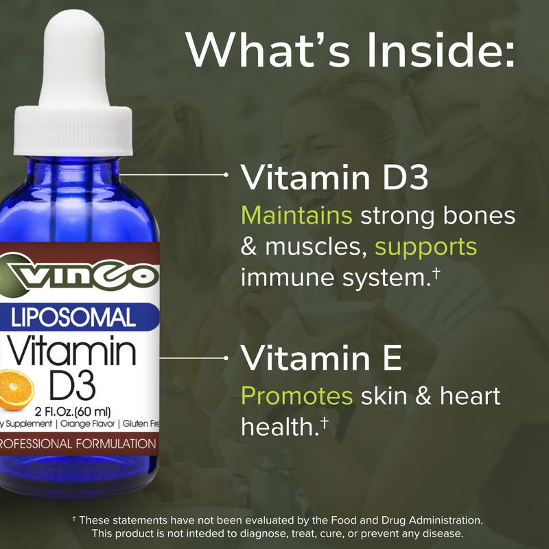 Vinco Inc - Liposomal Vitamin D3 Support Daily Supplement | 60 ml (60 Servings) | Maintain Strong Bones | Immune Resilience & Mood Balance | Gluten Free & Vegetarian