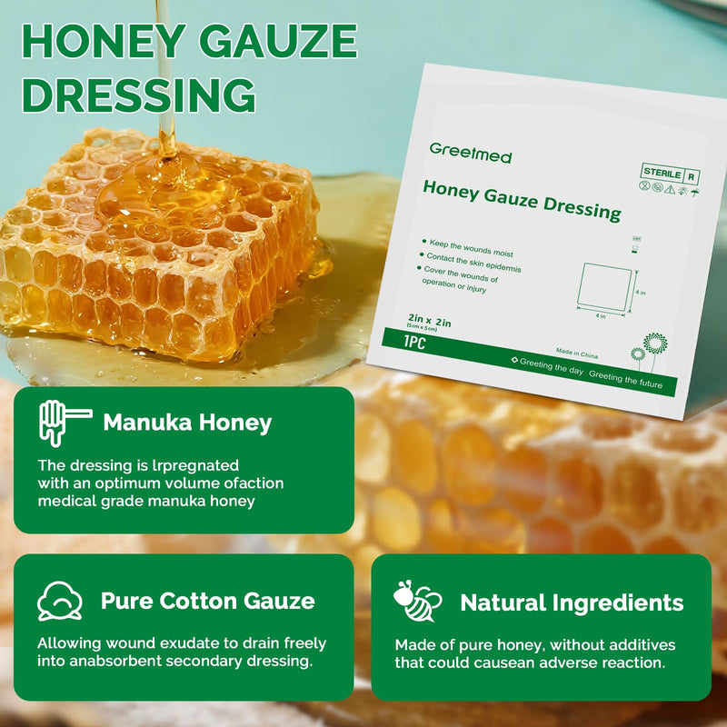 Greetmed Honey Gauze Dressing 2'' x 2'' Sterile Honey Wound Dressing, Medical Grade Manuka Honey Patches for Faster Wound Care | Burns | Traumatic Wounds and Laceration (Individually Pack of 10) 2“ x 2”(10 Packs)