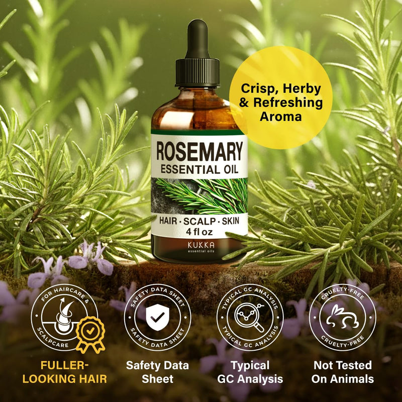KUKKA Rosemary Essential Oils - 4 Fl Oz - for Hair, Skin, Diffuser, Aromatherapy & DIY Soap Making Scent 4.00 Fl Oz (Pack of 1)