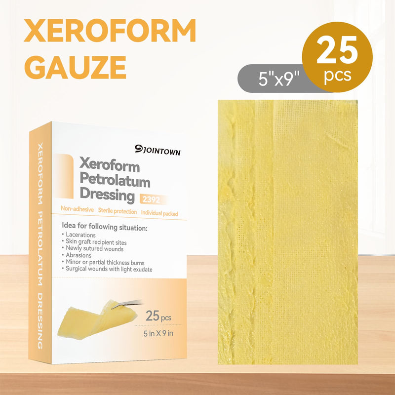 Jointown Xeroform Petrolatum Dressing Bandages, Soft Mesh Gauze Patch for Wound Care, Burns, Lacerations, Skin Grafts & Surgical Incisions, 5"x9", 25 Individual Pack 5"×9"