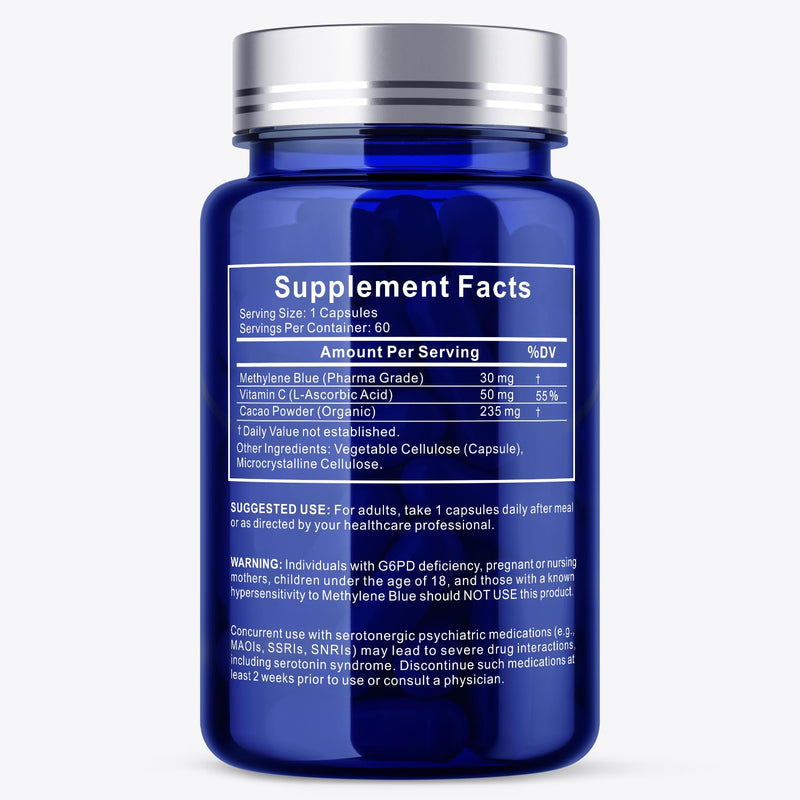 Methylene Blue Capsules, 30mg Pharma Grade, 60 Vegan Capsules | 30mg Pharmaceutical Grade Methylene Blue with Vitamin C & Organic Cacao for Daily Wellness, Cellular & Cognitive Support