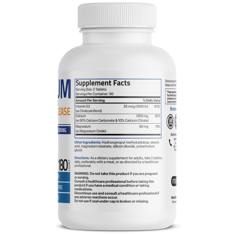Bronson Calcium 1200 mg Sustained Release + Vitamin D3 1000 IU, 180 Tablets | Magnesium 80 mg, Bone Health Support, Steady Calcium Release, Non-GMO, Gluten-Free & Soy-Free 180 Count (Pack of 1)