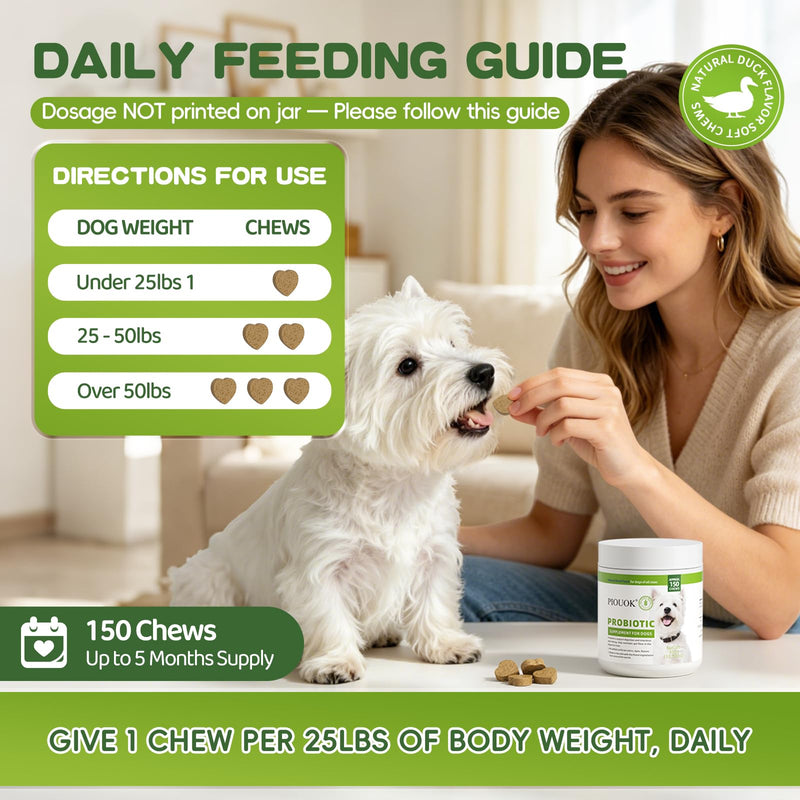 Dog Probiotics + Multivitamin Supplement, 15 in 1 Probiotic Chews for Dogs with Glucosamine Cranberry - 150 Soft Chews, Duck Flavor, Digestive Health, Diarrhea, Allergies, Joint Support, Immune System
